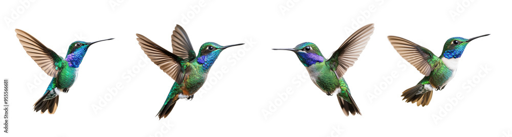 Fototapeta premium A set of vibrant hummingbirds in various flight poses, illustrating nature and wildlife, isolated on a transparent background