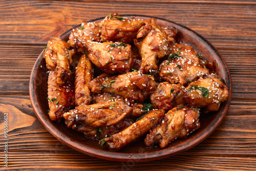 Caramelized in sause chicken wings . Bar-b-q food background photo