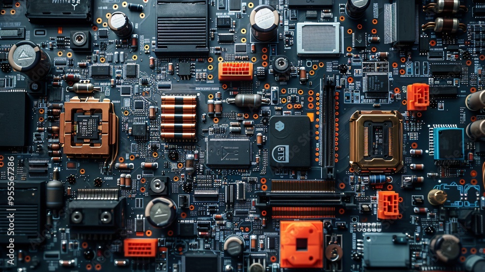 Fototapeta premium top view of electronic circuit board with components