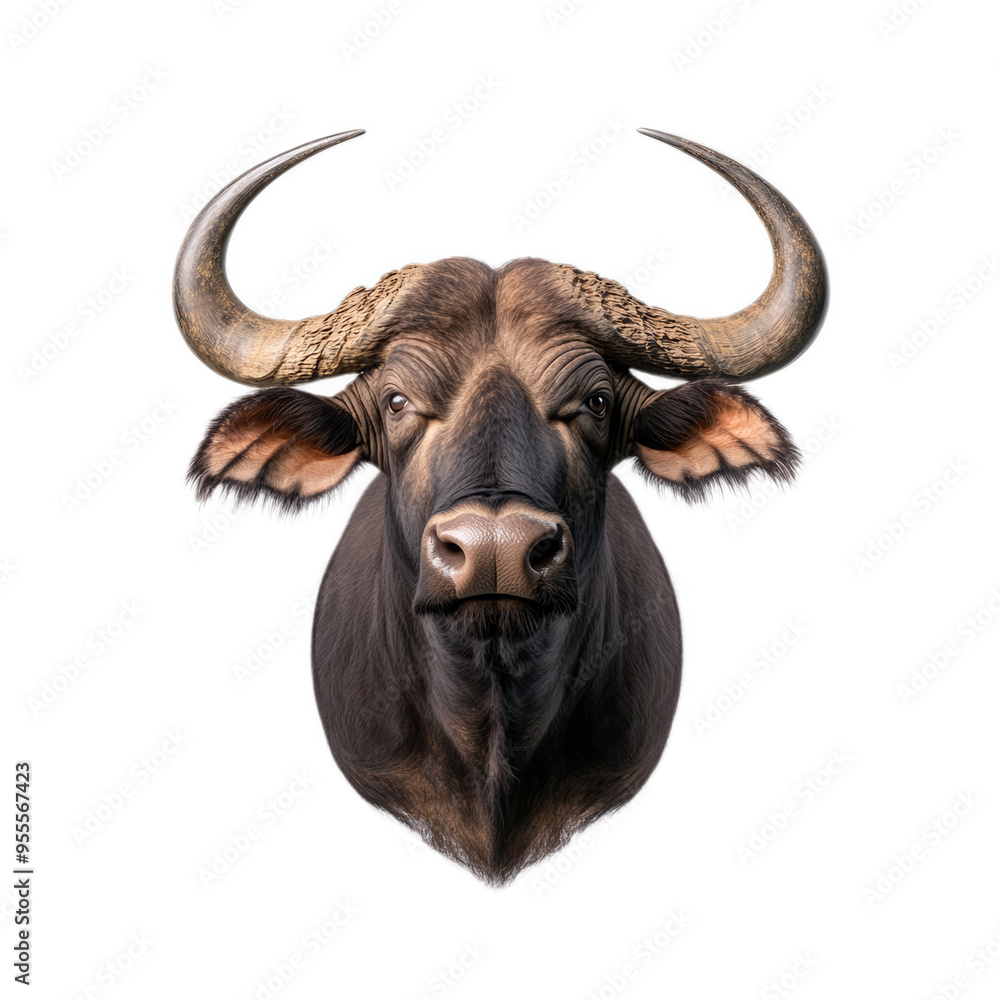 Naklejka premium African buffalo with massive curved horns and shaggy fur around its neck isolated on a transparent background