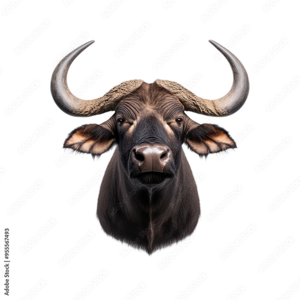 Naklejka premium African buffalo with massive curved horns and shaggy fur around its neck isolated on a transparent background