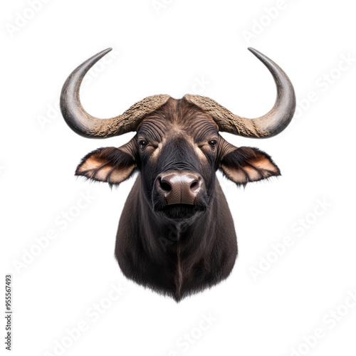 African buffalo with massive curved horns and shaggy fur around its neck isolated on a transparent background 