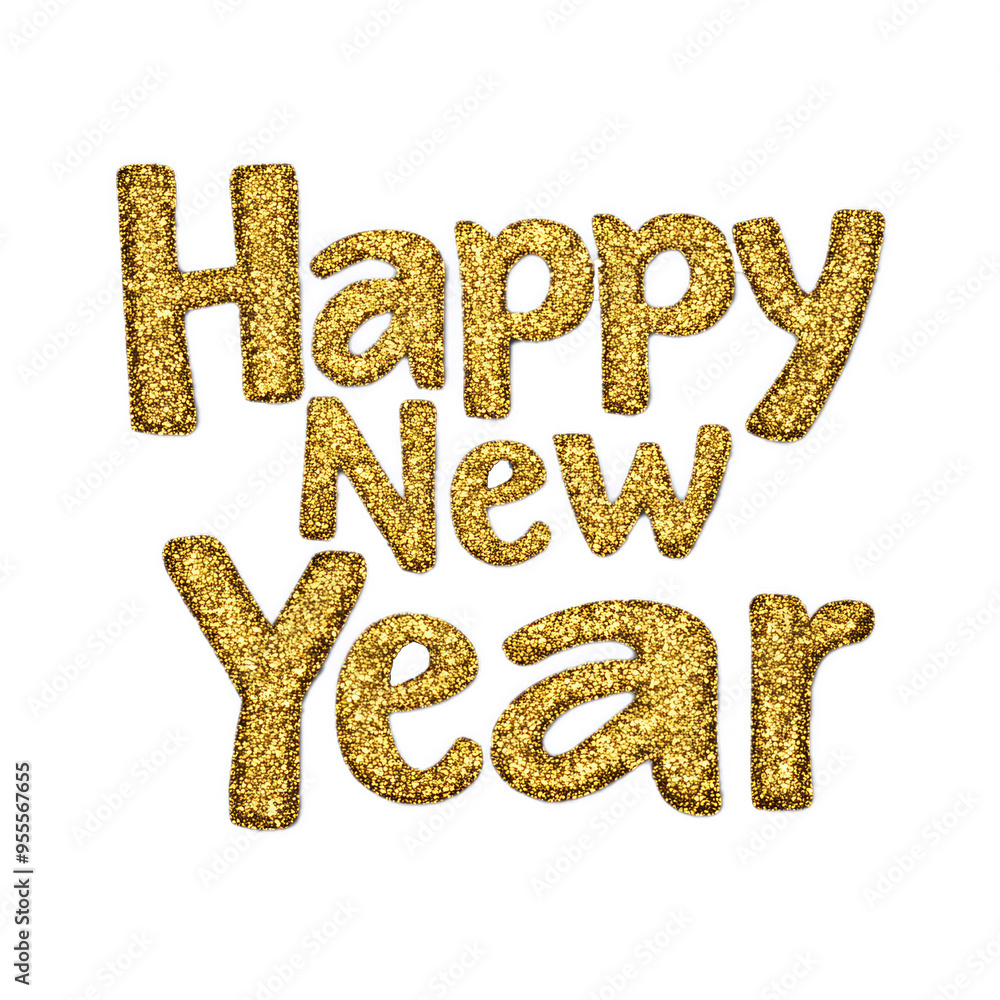 Artistic brushstroke text Happy New Year in gold glitter on a subtle watercolor splash background isolated on a transparent background Artistic brushstroke text Happy New Year in gold glitter on a subtle watercolor splash background isolated on a transparent background