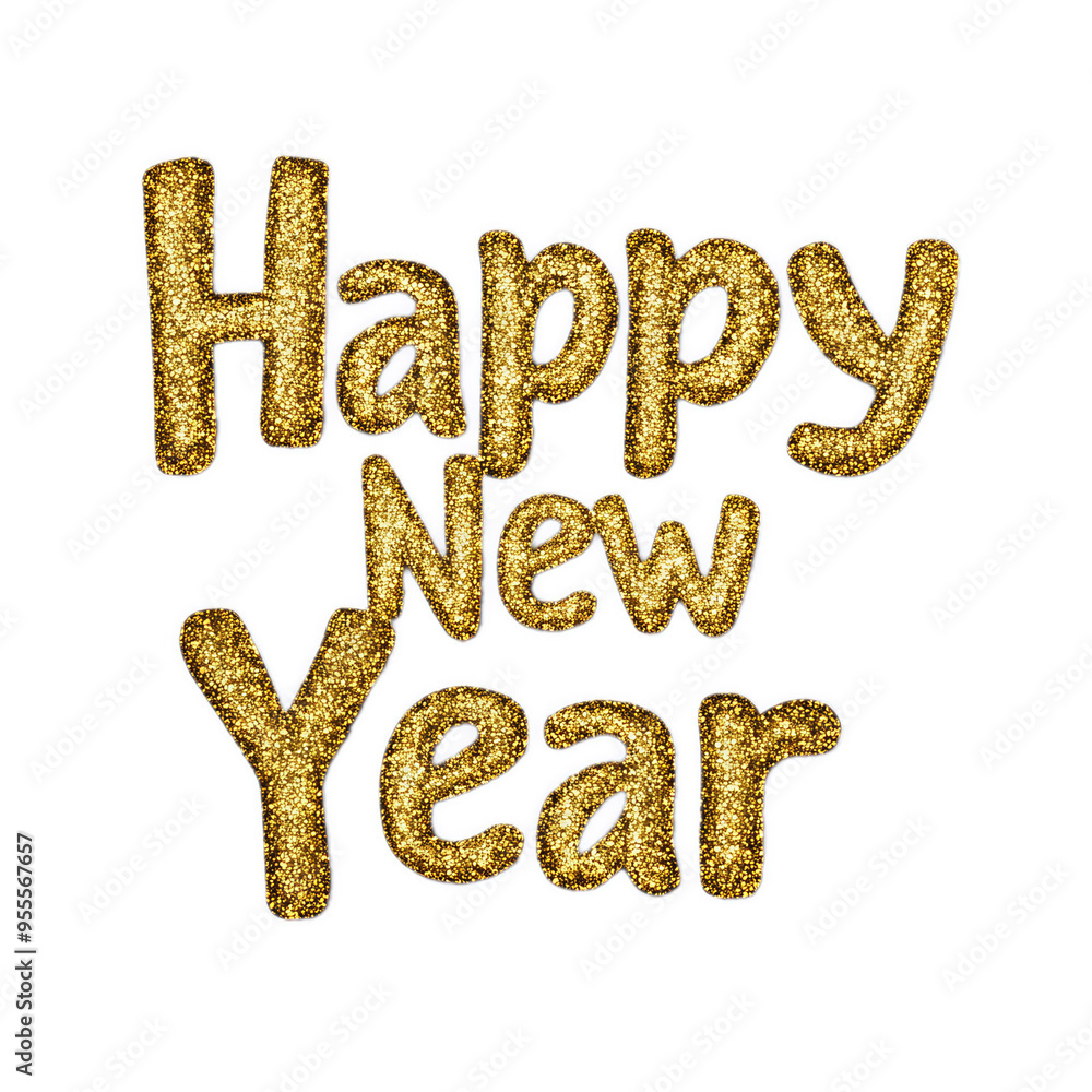 Artistic brushstroke text Happy New Year in gold glitter on a subtle watercolor splash background isolated on a transparent background Artistic brushstroke text Happy New Year in gold glitter on a subtle watercolor splash background isolated on a transparent background