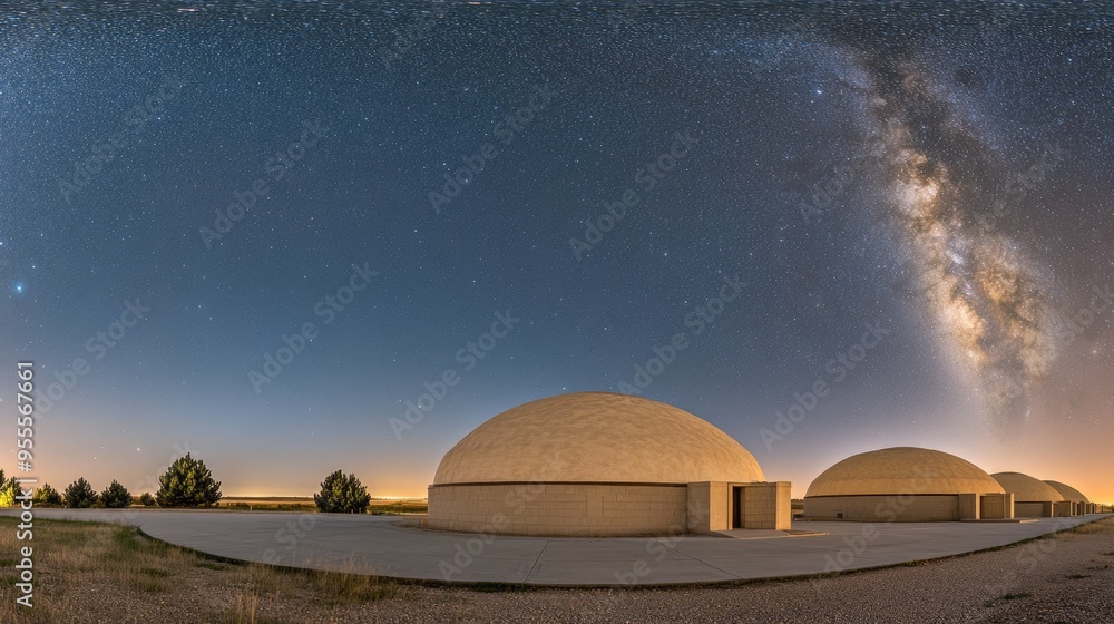 The night sky is filled with the Milky Way as yurts rest peacefully in the steppe, showcasing a tranquil scene illuminated by the stars The night sky is filled with the Milky Way as yurts rest peacefully in the steppe, showcasing a tranquil scene illuminated by the stars