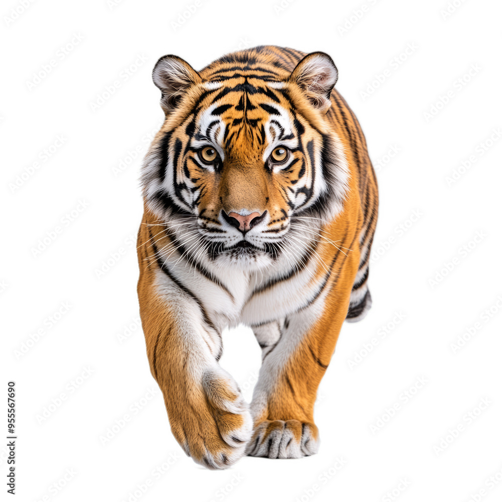 Obraz premium Bengal tiger mid stride with vibrant orange and black stripes and piercing eyes isolated on a transparent background 