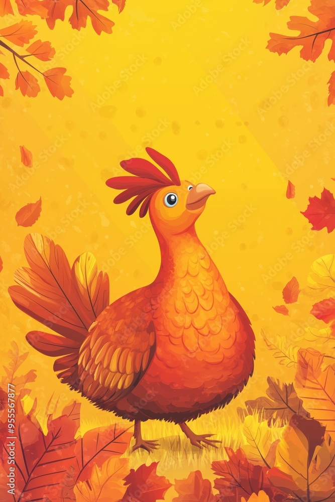 A turkey surrounded by autumn leaves on yellow background. Thanksgiving background. A turkey surrounded by autumn leaves on yellow background. Thanksgiving background.