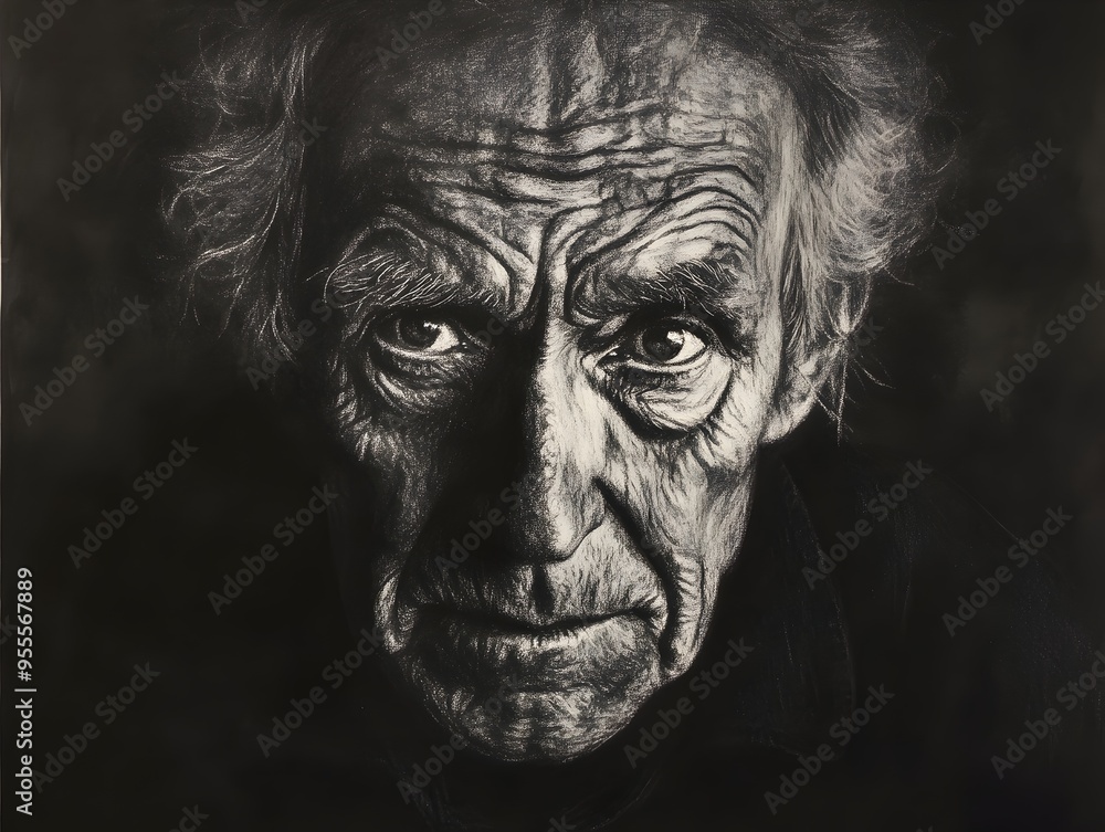 Fototapeta premium Weathered Portrait of a Wise Elder Emanating Profound Knowledge in Charcoal