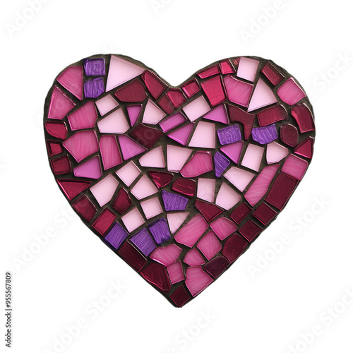 Delicate stained glass heart with a mosaic of pinks and purples isolated on a transparent background 