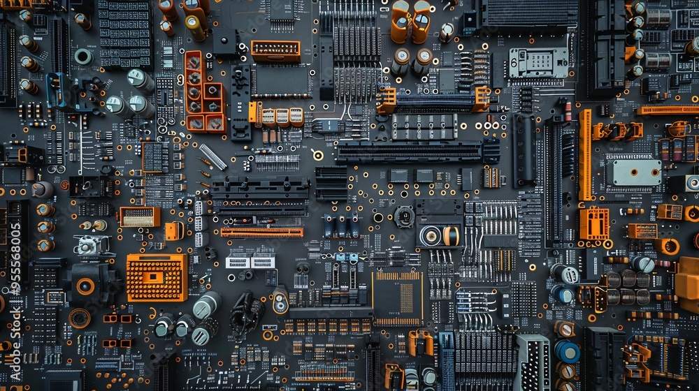 top view of electronic circuit board with components top view of electronic circuit board with components