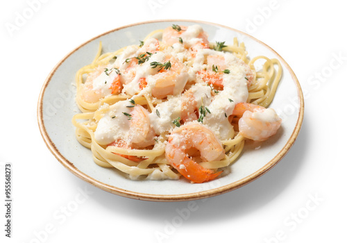 Tasty pasta with shrimps, creamy sauce and cheese isolated on white