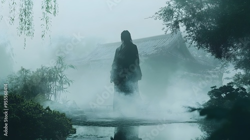 Enigmatic Ethereal Entity Shrouded in Misty Zen Garden Ambiance