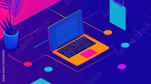 Illustration of a hybrid work model flowchart, combining physical and digital workspaces, vibrant colors, modern infographic design.