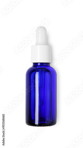 Bottle of essential oil isolated on white, top view