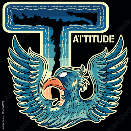 Illustration of an eagle in a military and tattoo style with blue colors and military college design texts and numbers on a patch and zig zag patterns, timeless fashion design.