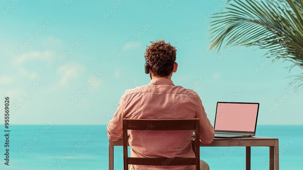 Fototapeta premium A digital nomad working on a laptop at a beachside cafe, video conferencing with office colleagues, warm and vibrant tones, realistic rendering.