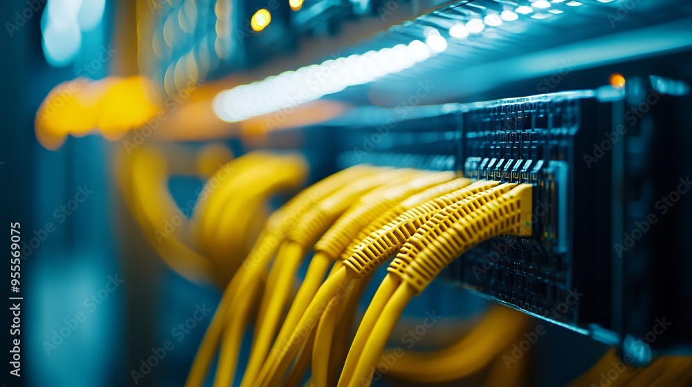 Yellow Network Cables in Server Room Close-Up. AI generated illustration. Yellow Network Cables in Server Room Close-Up. AI generated illustration.
