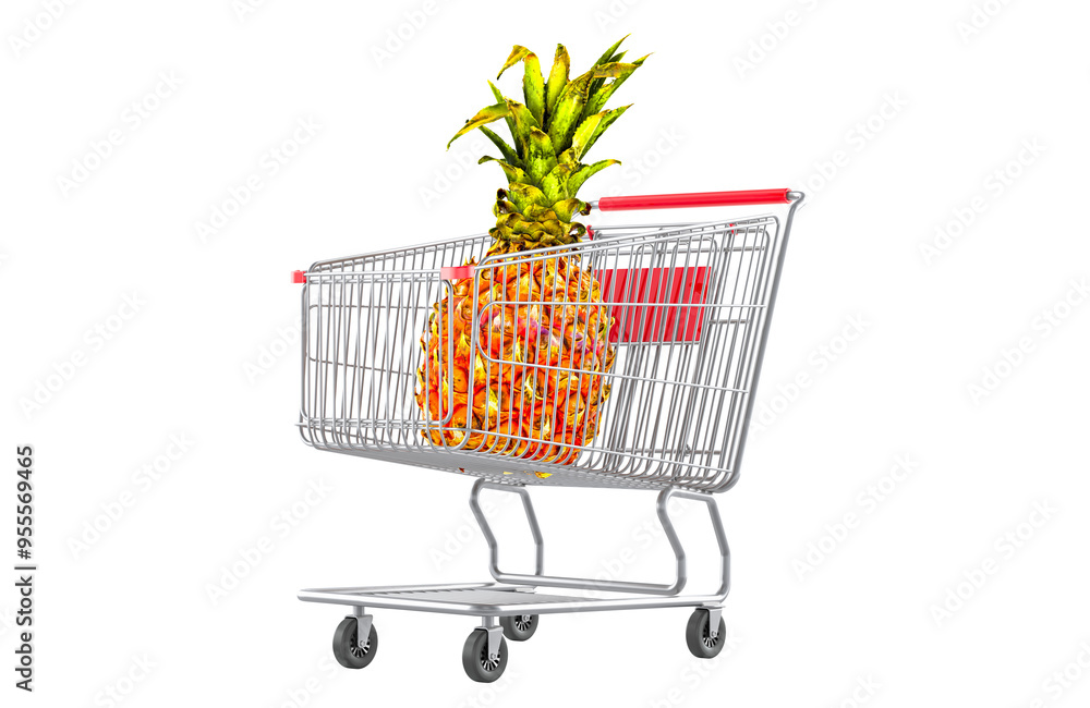 Shopping cart with pineapple. 3D rendering isolated on transparent background Shopping cart with pineapple. 3D rendering isolated on transparent background