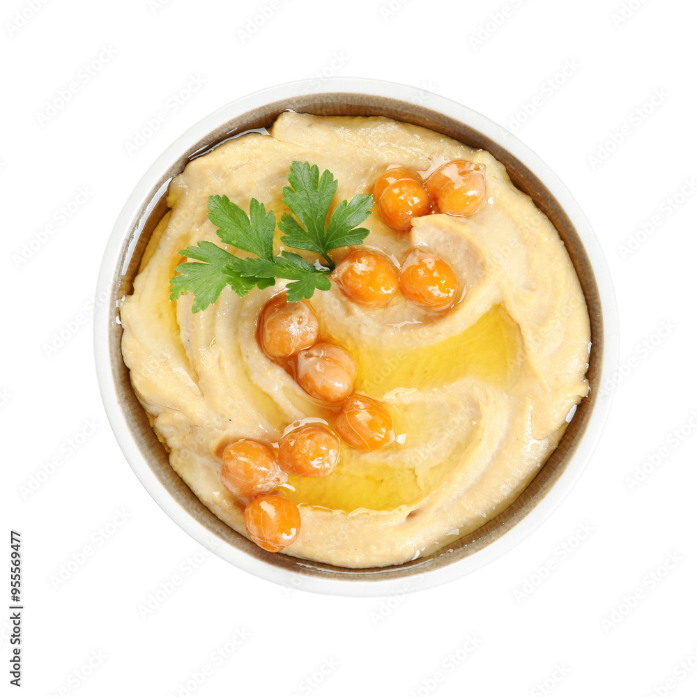 Delicious hummus with olive oil, chickpeas and parsley isolated on white, top view Delicious hummus with olive oil, chickpeas and parsley isolated on white, top view