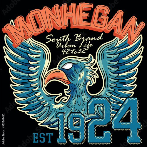 Illustration of an eagle in a military and tattoo style with blue colors and military college design texts and numbers on a patch and zig zag patterns, timeless fashion design.