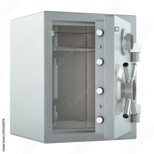 Safe box with combination lock. Opened, empty. 3D rendering isolated on transparent background