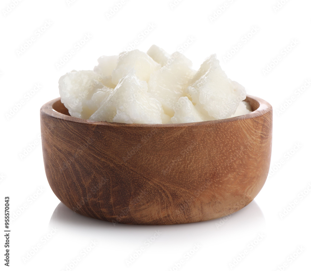 Natural shea butter in bowl isolated on white Natural shea butter in bowl isolated on white