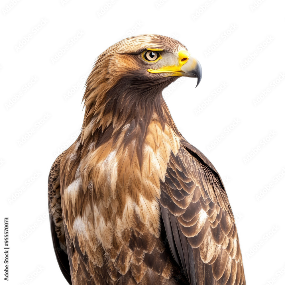 Fototapeta premium Regal golden eagle perched with piercing eyes and detailed plumage isolated on a transparent background 