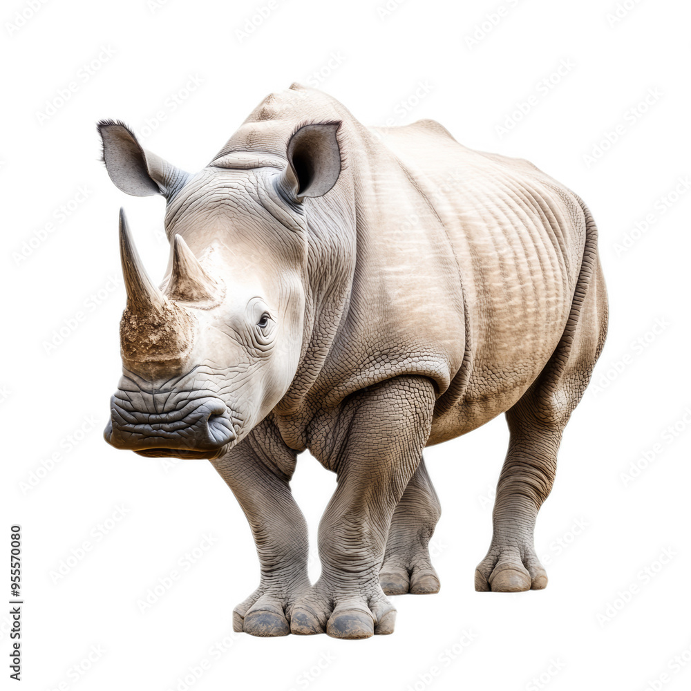 Obraz premium Rhinoceros with thick textured skin and a single large horn on its snout isolated on a transparent background 