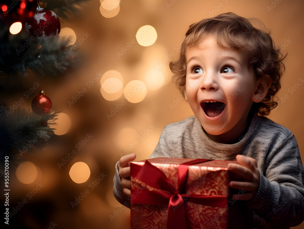 Close up portrait of a happy and surprised little girl with a present box, blurry Christmas tree lights in background Close up portrait of a happy and surprised little girl with a present box, blurry Christmas tree lights in background