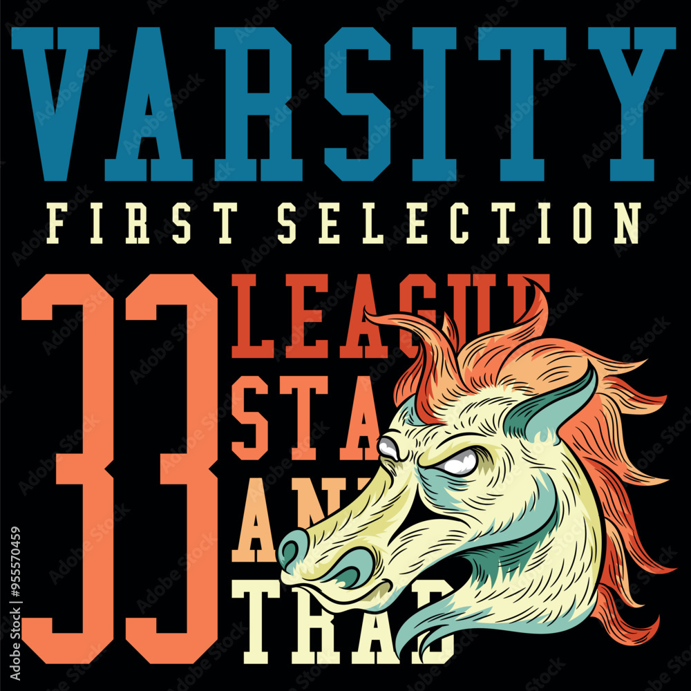 Obraz premium Illustration of a horse or unicorn in tattoo style with college, university, urban and beach sports texts, numbers in textile patches and gradient backgrounds.