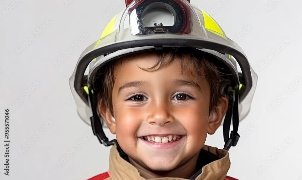 Portrait of a cute little fireman wearing a safety helmet and smiling Portrait of a cute little fireman wearing a safety helmet and smiling