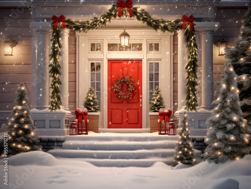 Christmas decorated front door with lights in winter 
