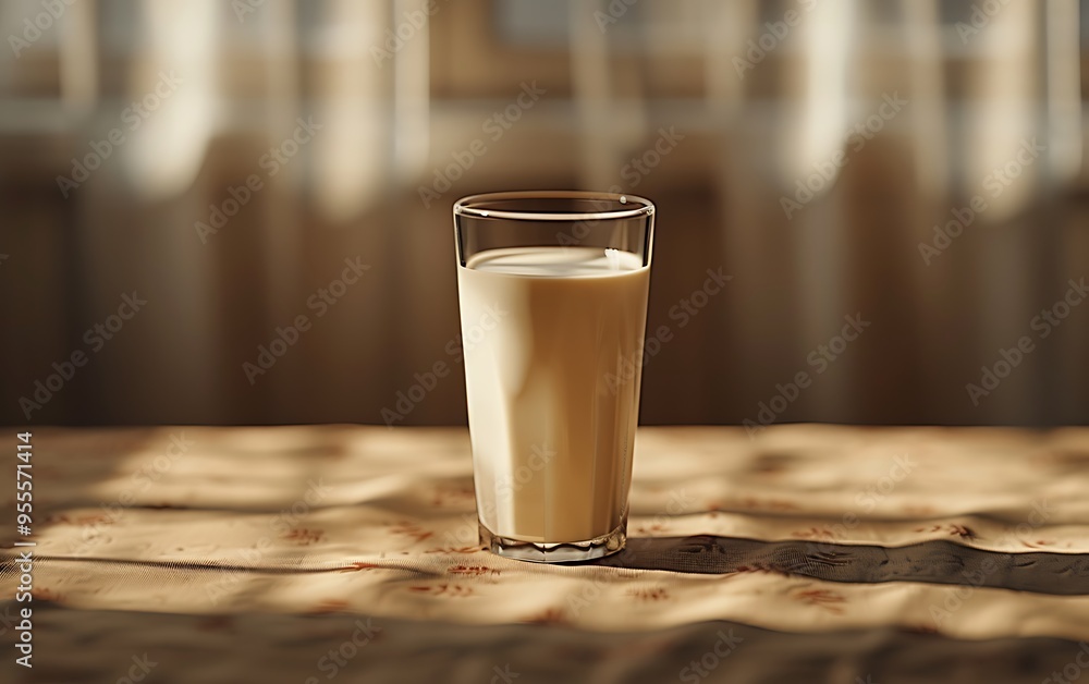 A glass of milk stands on a table in the morning sunlight. A glass of milk stands on a table in the morning sunlight.