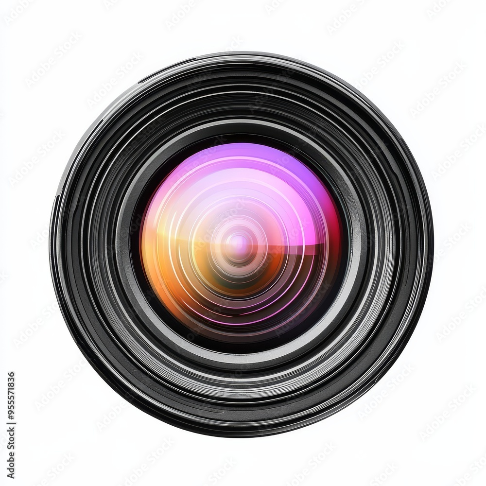 Close up view of a camera lens isolated on a white background highlighting its intricate details and colorful aperture design Close up view of a camera lens isolated on a white background highlighting its intricate details and colorful aperture design