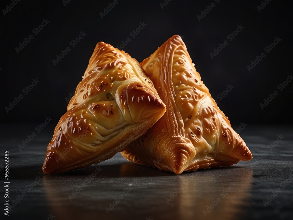 Golden Crispy Pastries with Flaky Layers on a Dark Background, Perfect for Food Art Golden Crispy Pastries with Flaky Layers on a Dark Background, Perfect for Food Art