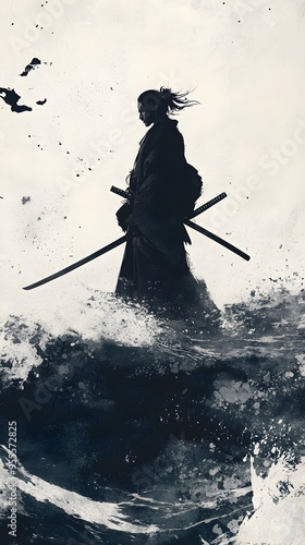 Poised Samurai Warrior Silhouette Against Stormy Seascape in Minimalist Sumi e Ink Wash Style