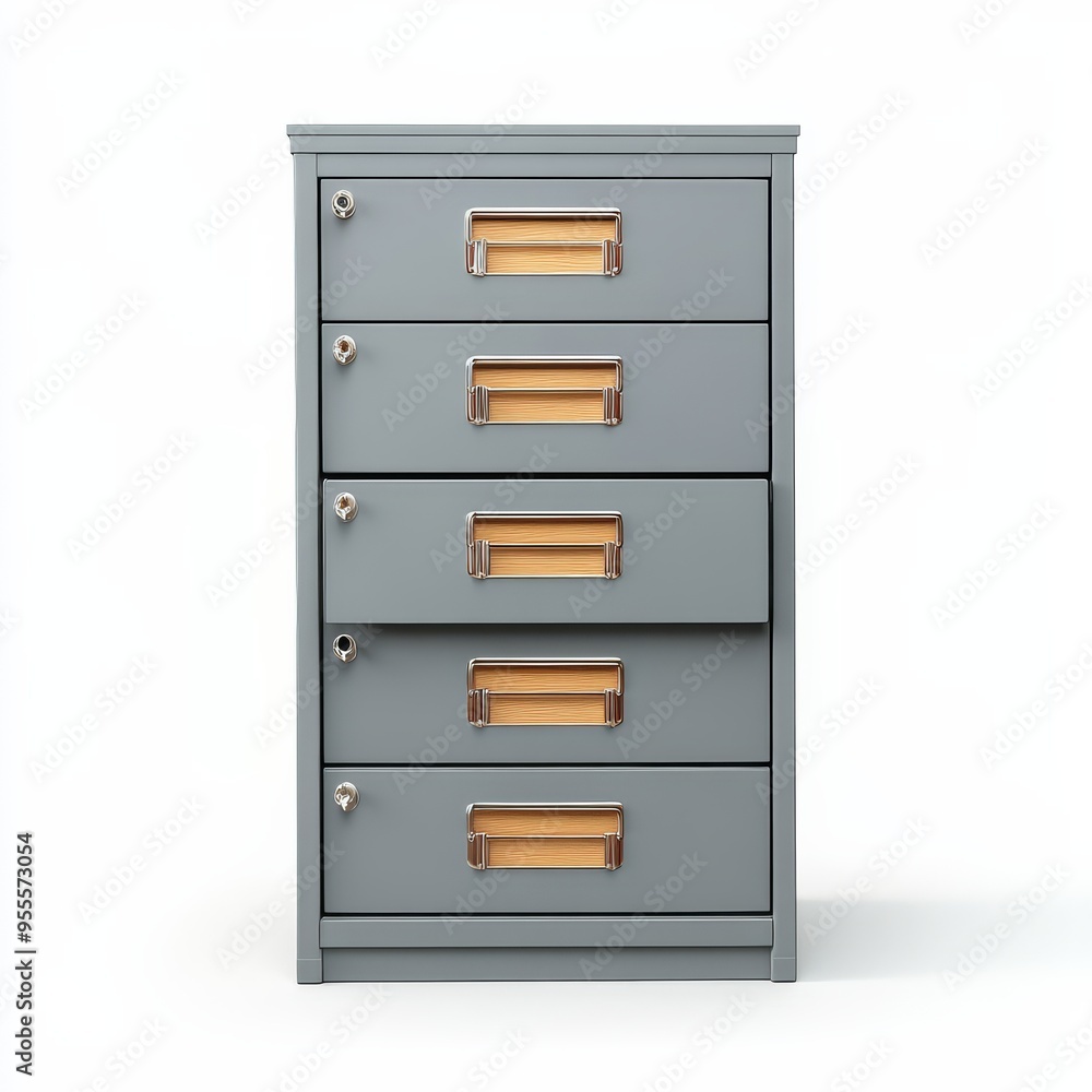 Modern gray cabinet with wood accents and secure locks isolated against a white background for versatile storage solutions in any space Modern gray cabinet with wood accents and secure locks isolated against a white background for versatile storage solutions in any space