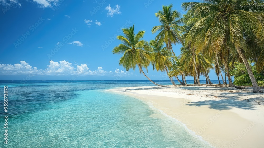 A tropical island scene with tall palm trees and white sandy beaches, under a clear blue sky. A tropical island scene with tall palm trees and white sandy beaches, under a clear blue sky.