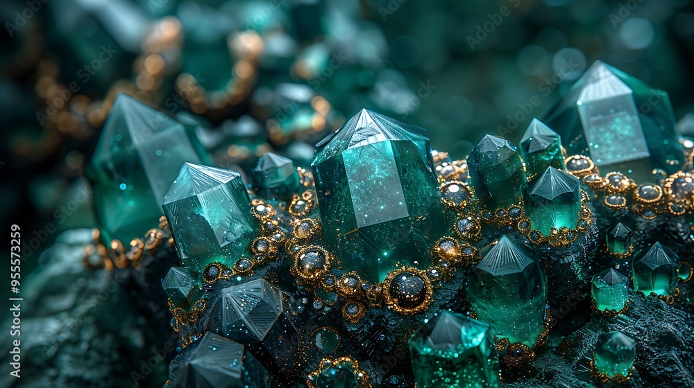 Close-up of shimmering green crystals with golden details on a dark background. Close-up of shimmering green crystals with golden details on a dark background.