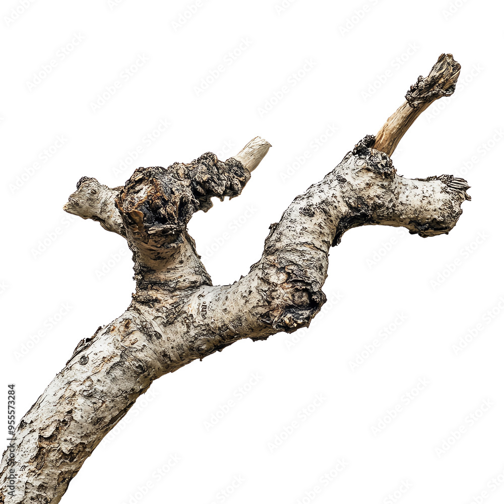 Close-up of a rugged tree branch with detailed texture and unique shape, isolated on a white background. Close-up of a rugged tree branch with detailed texture and unique shape, isolated on a white background.