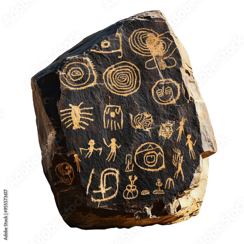 Ancient petroglyphs carved into a weathered rock, showcasing intricate and historical symbols from early civilizations. photo