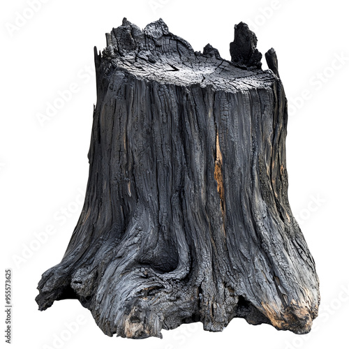 Charred tree stump isolated on white background, showing texture and burnt wood details.