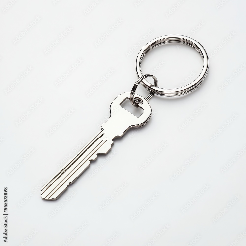 A simple silver key with a metal ring resting on a clean white background symbolizing security and access to spaces or belongings A simple silver key with a metal ring resting on a clean white background symbolizing security and access to spaces or belongings