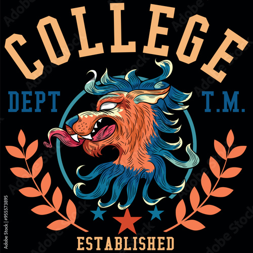 Illustration of a heraldic lion with a blue and colorful mane in a tattoo design with a sporty, old school urban feel, texts in the background and a colorful beach-style gradient. photo