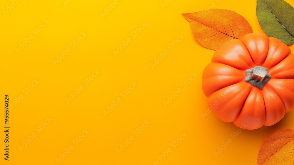 A pumpkin sits on a yellow background. The pumpkin is orange and has a stem A pumpkin sits on a yellow background. The pumpkin is orange and has a stem