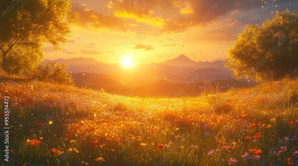 A vast open field at sunset, with golden light casting long shadows across the tall grasses and wildflowers, creating a warm, tranquil atmosphere. A vast open field at sunset, with golden light casting long shadows across the tall grasses and wildflowers, creating a warm, tranquil atmosphere.