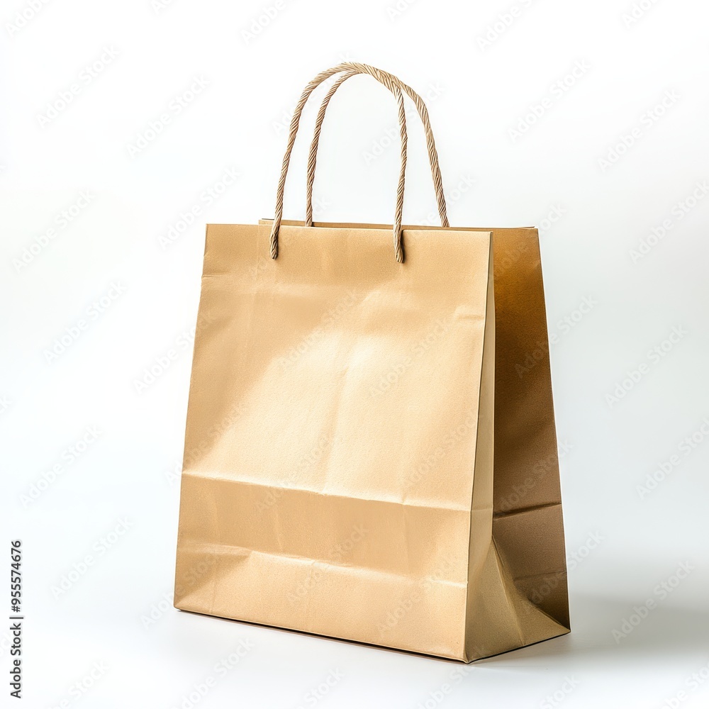 A plain paper bag with twisted handles isolated against a white background for retail or promotional use A plain paper bag with twisted handles isolated against a white background for retail or promotional use