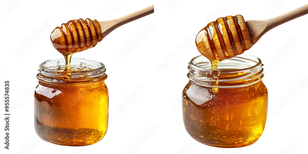 set of A Honey dripping from a wooden spoon over a glass jar, on a transparent background set of A Honey dripping from a wooden spoon over a glass jar, on a transparent background