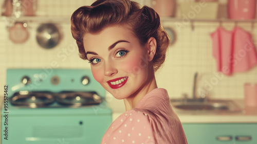 Bright retro vintage style image of an immaculately dressed and make up tradition housewife smiling to camera, wide landscape 16:9 with copy space photo