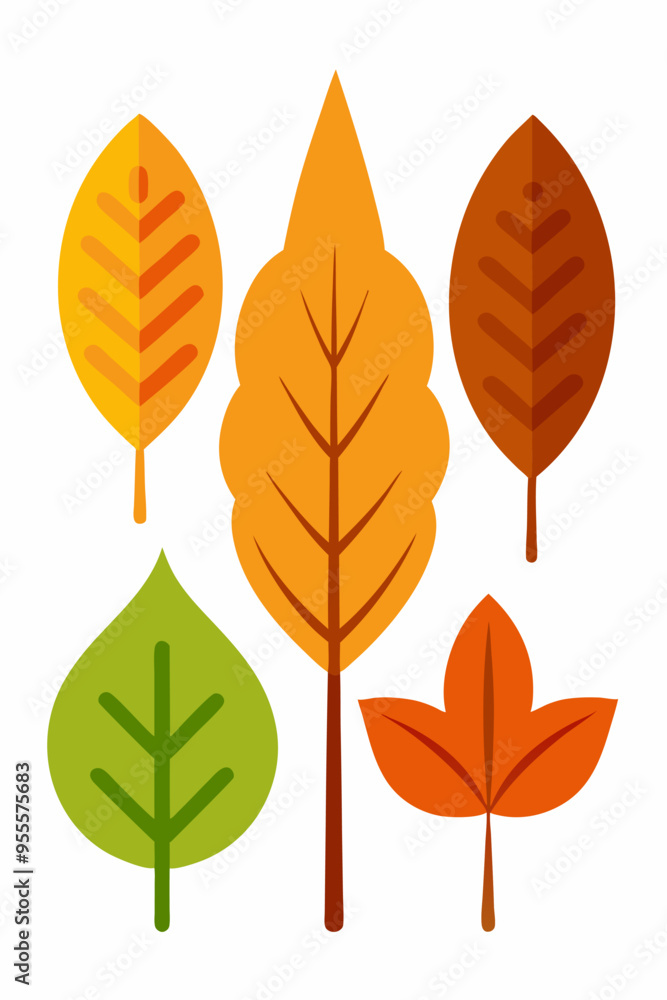 Obraz premium A set of five autumn leaves in various colors and shapes, perfect for adding a touch of fall to your designs. The leaves are flat and simple, making them ideal for use in illustrations, patterns.